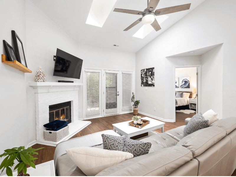 A minimalist living room is shown.